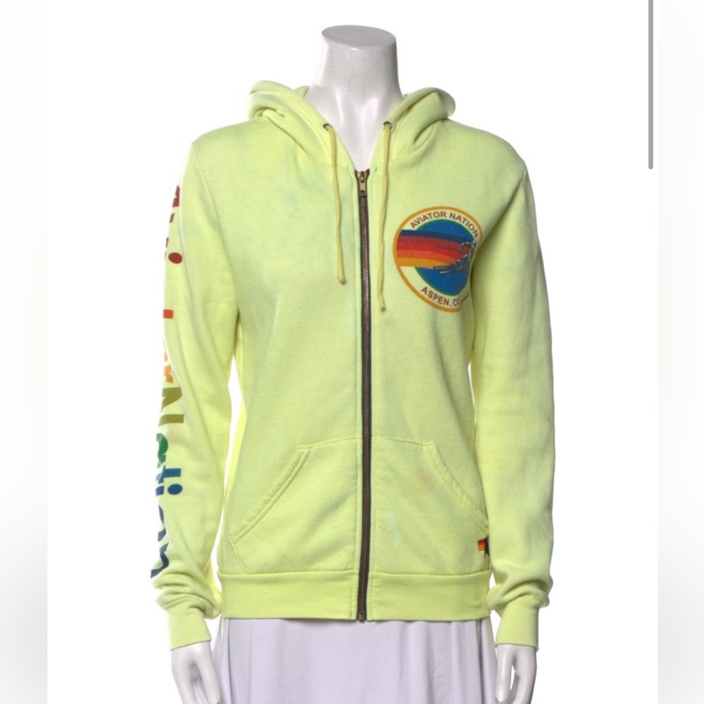 Aviator Nation yellow full zip classic rainbow  logo hoodie unisex flawed Small